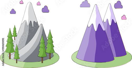 Vector Set of Stylized Mountain Landscapes with Trees and Clouds for Nature, Adventure, and Outdoor Themes