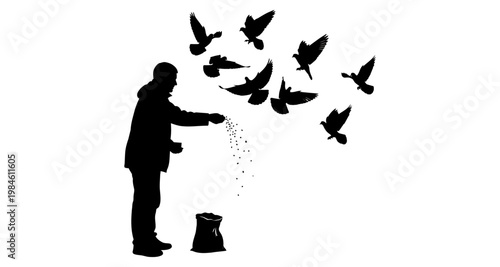 Silhouette of a person feeding pigeons in flight against a white background