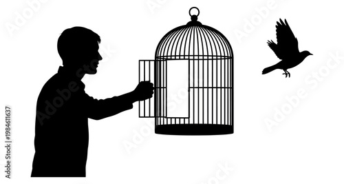 Silhouette of a person opening a birdcage door releasing a bird to freedom against a white background