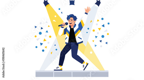 Male pop idol singing on stage with spotlights and confetti. happy boy group singer performing concert. handsome male superstar character dancing under bright theater lights.