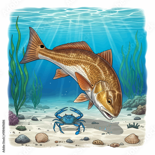 Redfish hunting blue crab in shallow water habitat vector illustration,