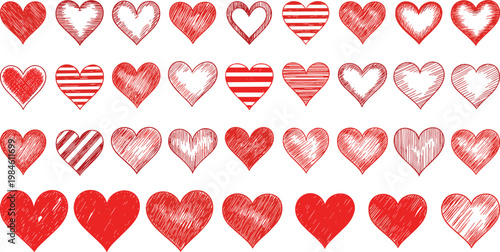 Red Hand Drawn Sketch Heart Mega Collection with Striped Hatched Scribble and Textured Styles Valentine Vector Set