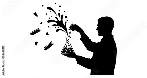 Silhouette of a scientist conducting a bubbling chemical experiment with splashes and test tubes