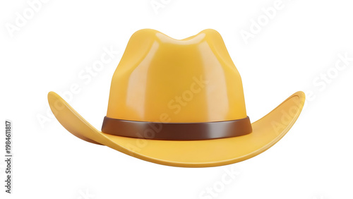 Yellow cowboy hat with brown leather band on transparent background
