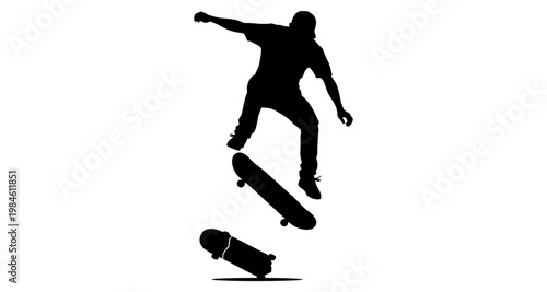 Silhouette of a skateboarder performing a trick against a white background with motion