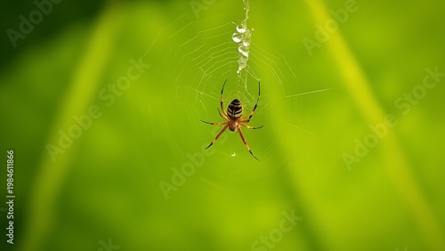 A spider weaving a delicate web on a large green leaf with morning dew.