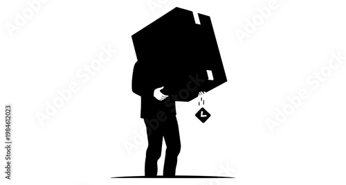 Silhouette of person carrying heavy load against white background