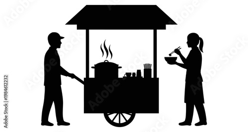 Street Food Vendor Serving Customers During a Busy Day