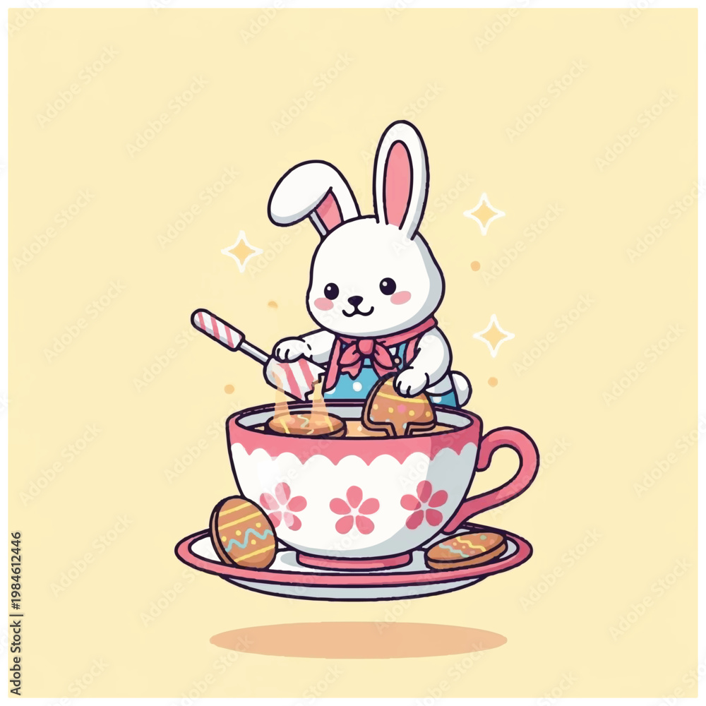Fototapeta premium Cartoon rabbit in tea cup eating.