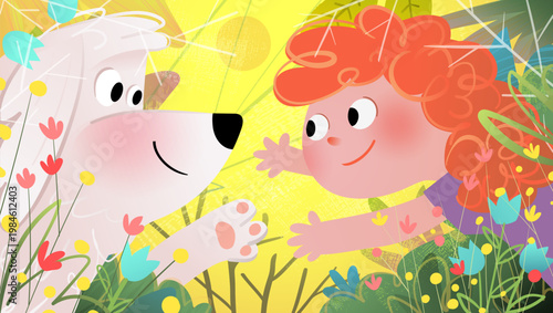 Cute Girl and Dog Friends Hugging. Colorful Hand drawn Cartoon Scene in Forest Nature or Garden. Child playing with dog illustration.