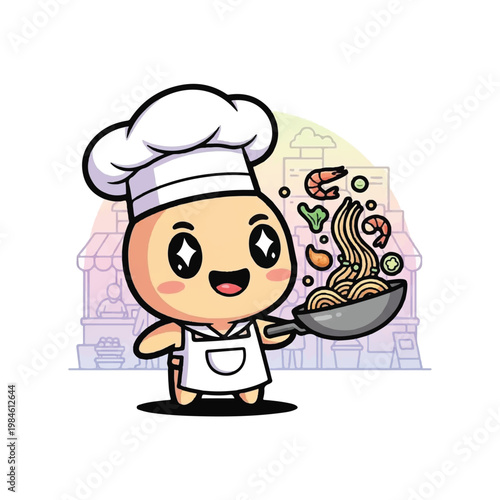 Cute Cartoon Chef Holding Noodles.