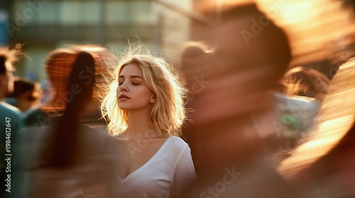 A serene woman stands still with closed eyes amid a bustling urban crowd. Soft golden evening light and blurred motion highlight the concept of mindfulness and calm.