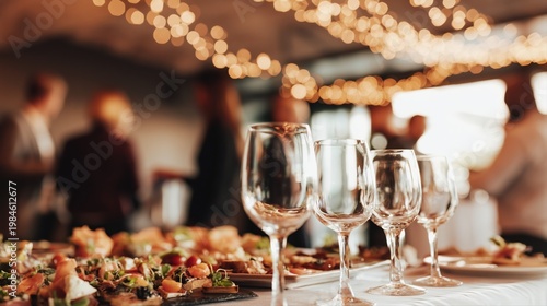 Upscale cocktail reception with gourmet finger foods and empty wine glasses in sharp focus. Warm ambient lighting and soft bokeh enhance this luxury event scene.