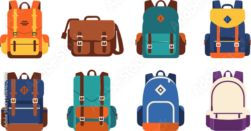 Vector Set of Colorful Backpacks and Bags for School, Travel, and Outdoor Adventure Themes