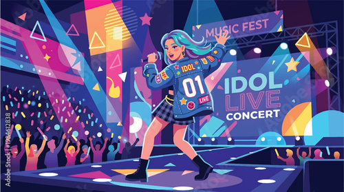 Pop idol girl wearing denim jacket singing on music fest stage. female superstar performing live concert for cheering fans. beautiful singer character dancing in musical festival.