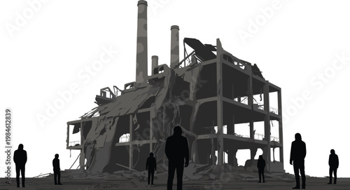 Abandoned industrial factory ruins with collapsed chimneys, human silhouettes observing destruction, grayscale illustration of decay and urban decline
