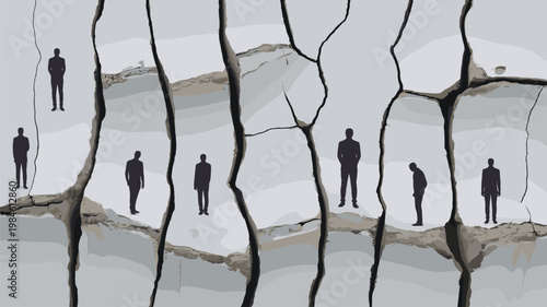 Fractured cracked ground with isolated human silhouettes standing apart, grayscale illustration symbolizing division, separation, isolation, and urban disconnection
