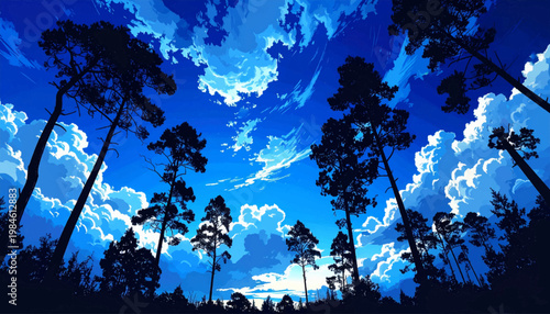 Sweeping cloud ribbons above tall pines in vivid sapphire atmosphere. Panoramic forest skyline with airy blue depth and shadow forms. Crisp scenic background for travel banners or summer campaigns