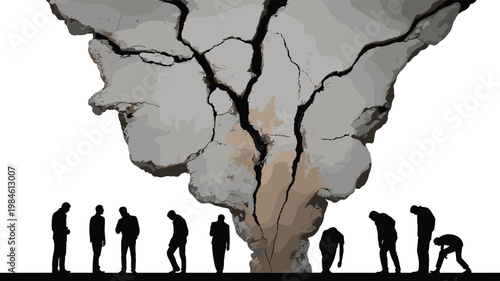 Silhouette of cracked fragmented brain above bending human figures symbolizing mental strain, collapse, deterioration and burden of thought illustration