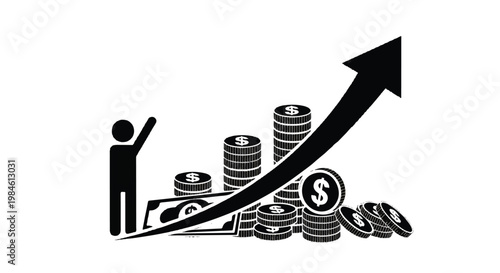 Black and white illustration of a person standing next to a stack of coins