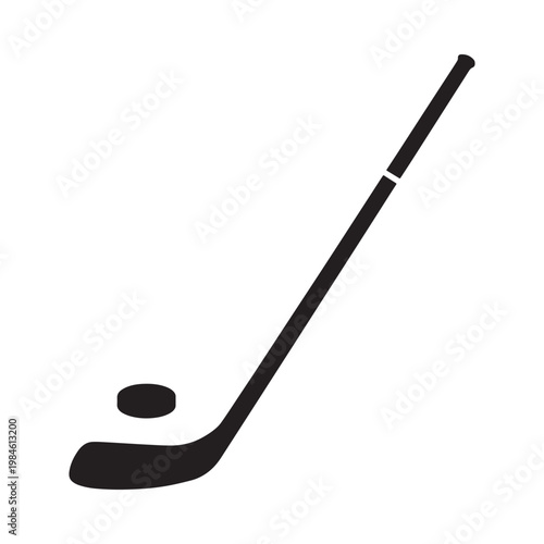 A simple black silhouette depicts a hockey stick and puck on white