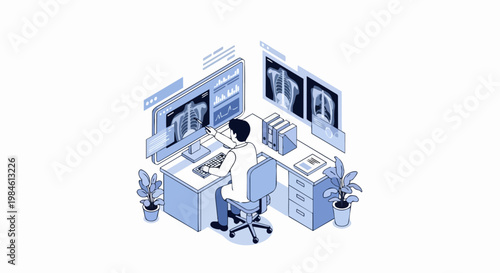 Isometric Doctor Radiologist Analyzing Chest X-ray Scans on Digital Screen