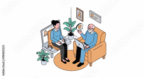 Isometric Vector Illustration of a Caregiver Teaching a Senior Man How to Use a Laptop and Digital Technology in a Living Room Setting