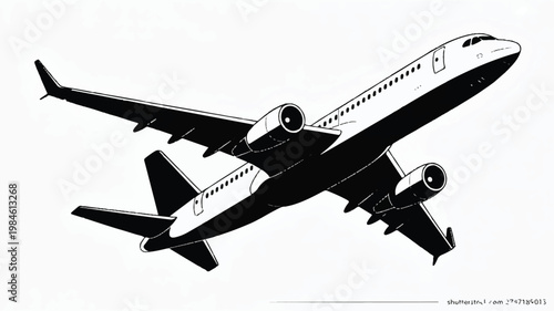A black and white silhouette illustration of an airplane flying high in the sky