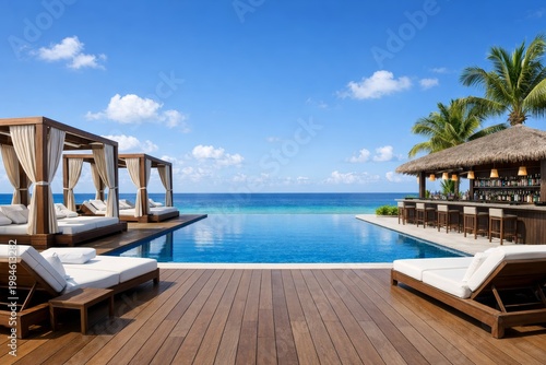 Luxury beach club with poolside cabanas and ocean view concept scene. Ai generative