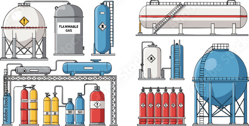 Vector Set of Industrial Gas Storage Tanks, Cylinders, and Equipment for Chemical, Safety, and Hazardous Material Themes