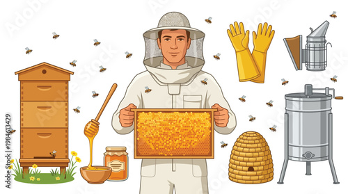 Professional Beekeeper with Honeycomb Beehive and Apiculture Equipment Illustration Set on White Background