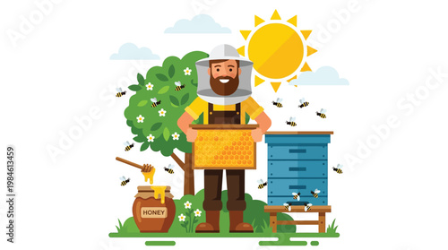 Happy Beekeeper Holding Honeycomb Frame in Apiary with Beehive and Organic Honey Pot Flat Vector Illustration