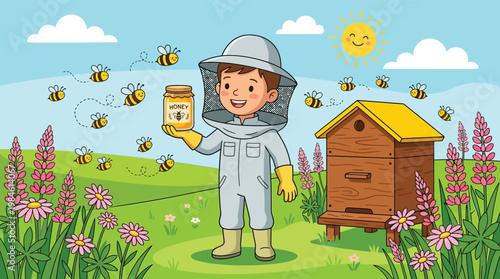 Happy young boy beekeeper in protective suit holding fresh organic honey jar next to a beehive in a summer flower field illustration