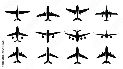 A set of black airplanes in various flying positions and angles on a white background