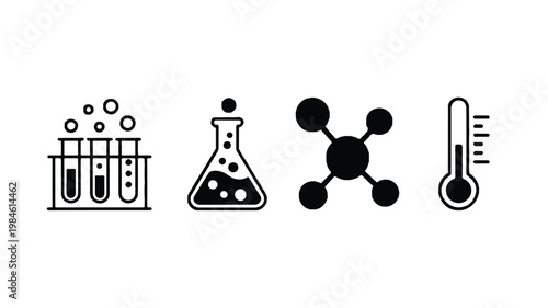 A set of scientific equipment including test tubes, a beaker, molecular structure, and thermometer