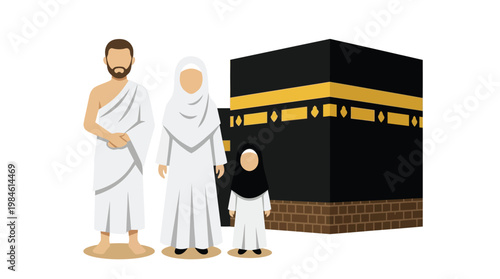 Muslim Family Performing Hajj or Umrah Pilgrimage in Front of the Kaaba in Mecca Saudi Arabia Vector Illustration