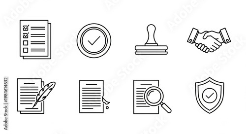 Collection of Business and Legal Icons Representing Agreement and Verification.