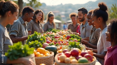 Community Group Engaging in Harvesting Fresh Fruits and Vegetables at Local Farmers Market