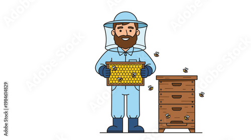 Beekeeper in Protective Suit Holding Honeycomb Frame Near Wooden Beehive Vector Illustration Isolated on White Background
