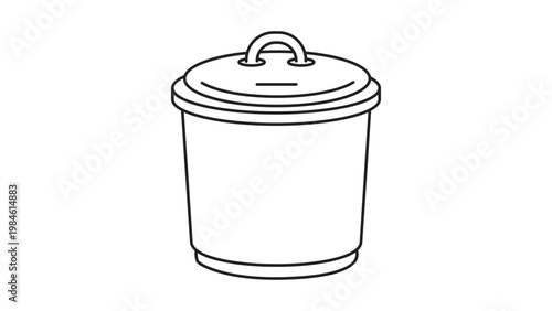 Minimalist black line vector icon of a round compost bin with a lid, ideal for eco-friendly waste management, recycling, and sustainable living designs. Hand-drawn outline illustration.