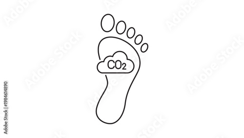 Minimalist carbon footprint vector icon illustration with a black line outline of a foot and a CO2 cloud, symbolizing environmental impact, greenhouse gas emissions, and climate change awareness.