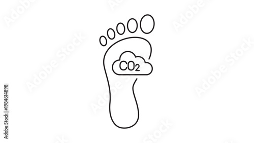 Carbon Footprint Vector Icon: A Minimalist Black Line Illustration of a Human Footprint with CO2 Cloud Symbol, Representing Environmental Impact, Sustainability, and Climate Change Awareness.