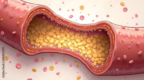 Detailed Cross Section of Blood Vessel Showing Cholesterol Buildup and Fatty Deposits