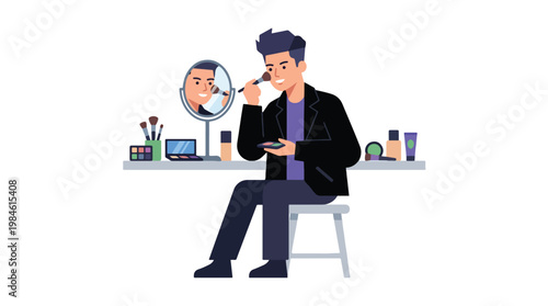 Male pop idol character applying makeup with brush in front of mirror. handsome singer preparing for concert in dressing room. k-pop star grooming with cosmetics on vanity table.