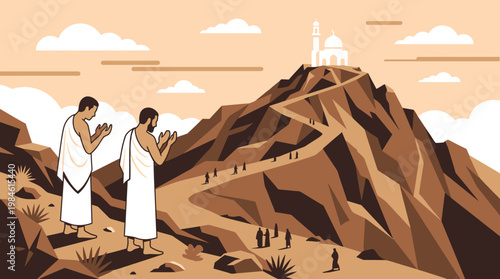 Muslim Pilgrims Praying on Mount Arafat during Hajj Pilgrimage Vector Illustration for Islamic Religious Education and Travel