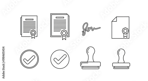 Collection of official document icons including stamps and signatures.