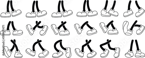 Cartoon legs in shoes vector set, comic retro style feet in multiple dynamic poses including standing walking running and jumping, funny mascot character booted legs with expressive motion lines