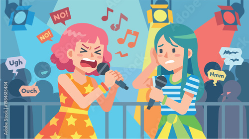 Pop idol girl singing out of tune on stage with annoyed partner. bad vocal performance during live concert with negative fan reaction. female singers having trouble performing music on stage.