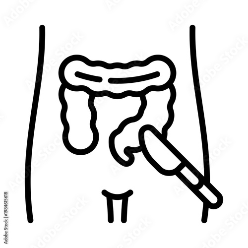 A medical illustration of a colonoscopy procedure depicted in a simple black line art style