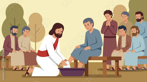 Jesus Christ Washing Feet of Disciples Biblical Illustration for Maundy Thursday Service and Christian Religious Education Materials